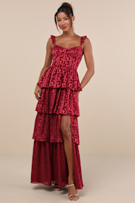 Stunning Glory Wine Red Floral Jacquard Tiered Maxi Dress 1