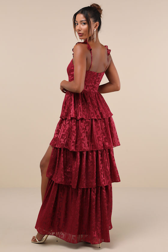 Wine Red Floral Dress - Bustier Maxi Dress - Tiered Dress