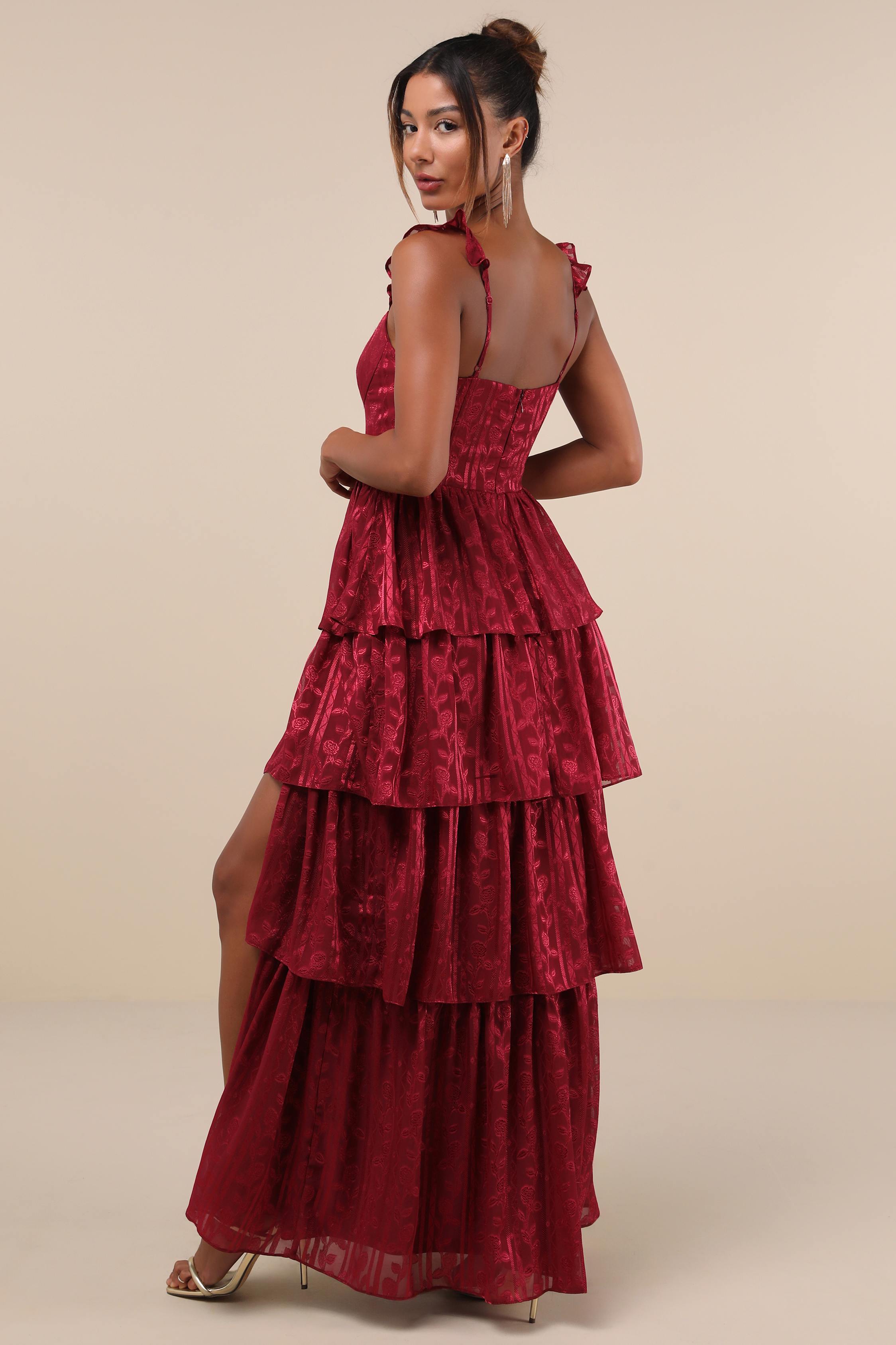 Stunning Glory Wine Red Floral Jacquard Tiered Maxi Dress