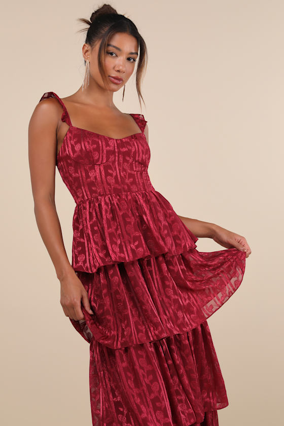 LULUS STUNNING GLORY WINE RED FLORAL JACQUARD TIERED MAXI DRESS
