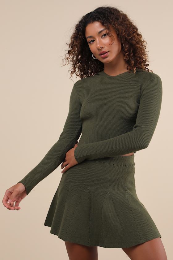 Delightful Duo Olive Ribbed Hooded Two-Piece Sweater Mini Dress 1