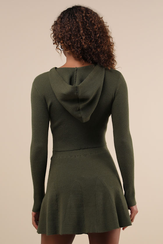 Lulus Delightful Duo Olive Ribbed Hooded Two-piece Sweater Mini Dress In Green