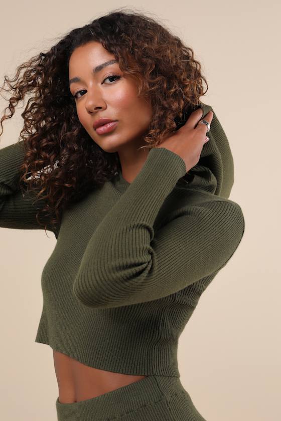 Lulus Delightful Duo Olive Ribbed Hooded Two-piece Sweater Mini Dress In Green