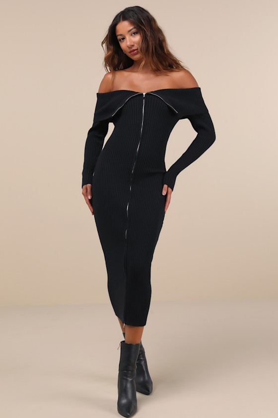 Black Off The Shoulder Zip Front Sweater Dress Womens Small Available in M L Lulus Holiday Dresses