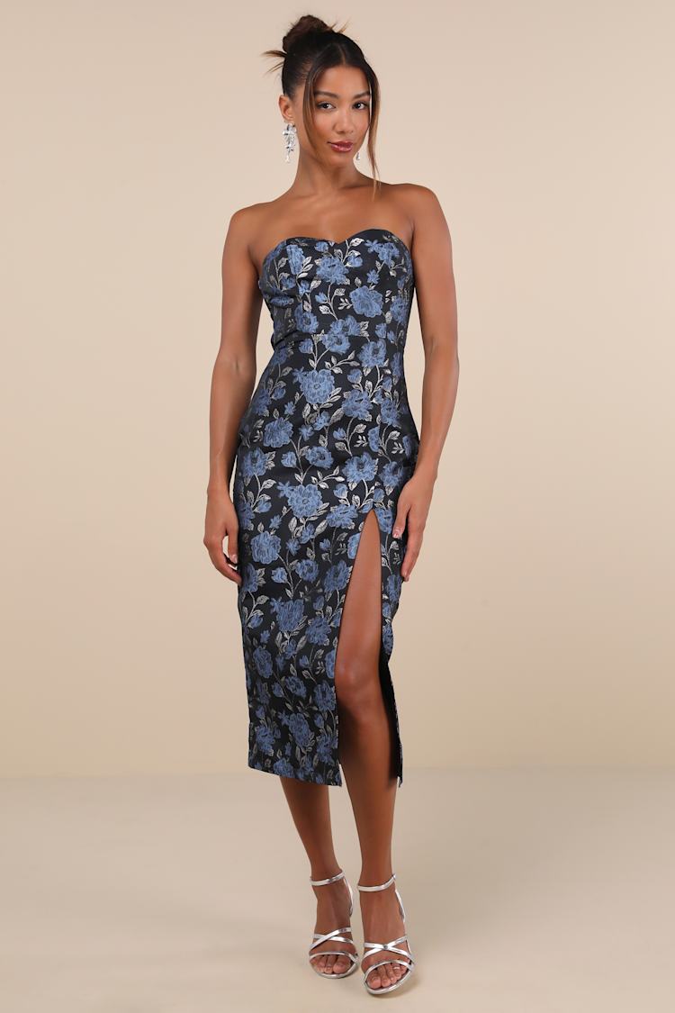 Black Multi Jacquard Dress - Strapless Midi Dress - Bow Dress - Lulus