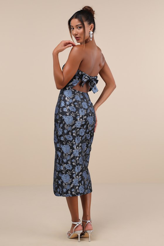 Lulus Beloved Belle Black Multi Jacquard Strapless Bow Midi Dress In Black