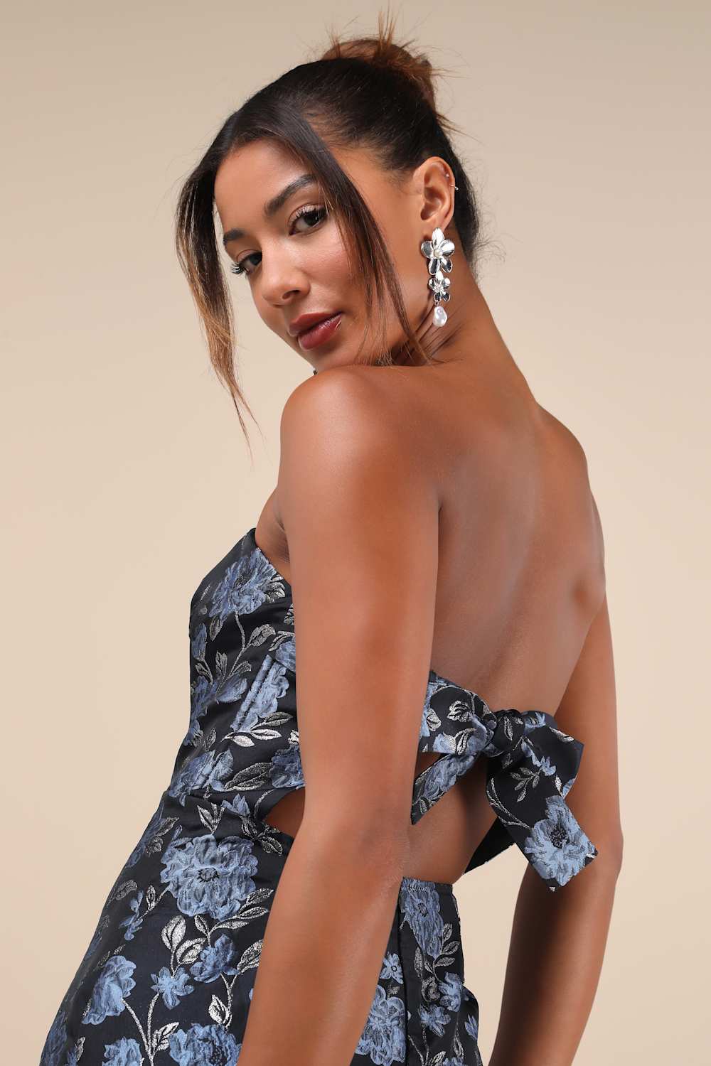 Beloved Belle Black Multi Jacquard Strapless Bow Midi Dress