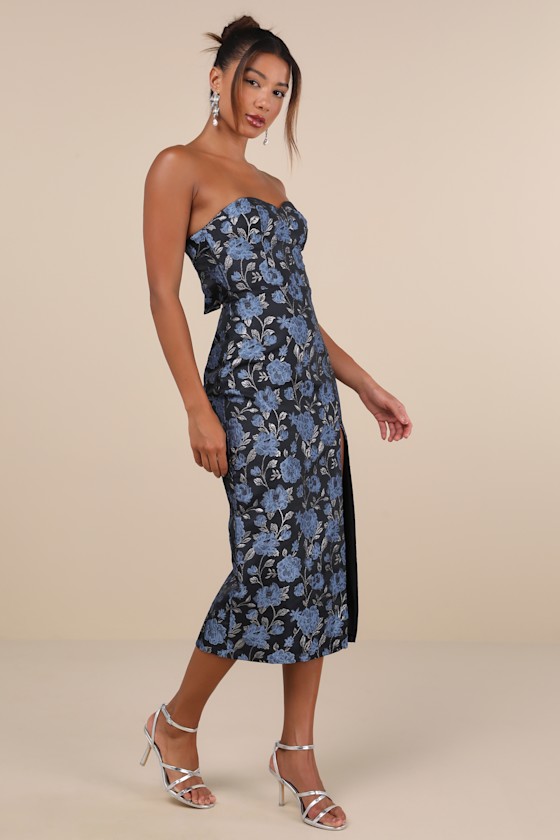 Lulus Beloved Belle Black Multi Jacquard Strapless Bow Midi Dress In Black