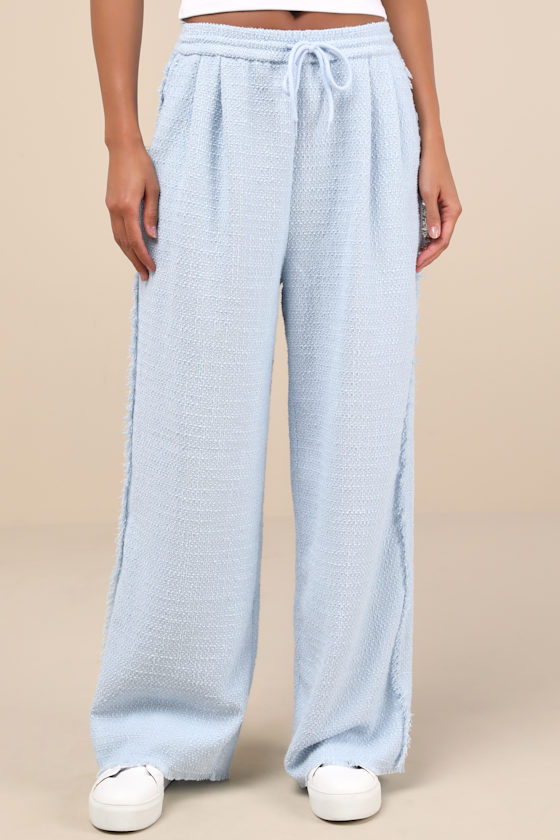 Light Blue Tweed Pants - Raw Edge Pants - Wide-Leg Pants - Lulus