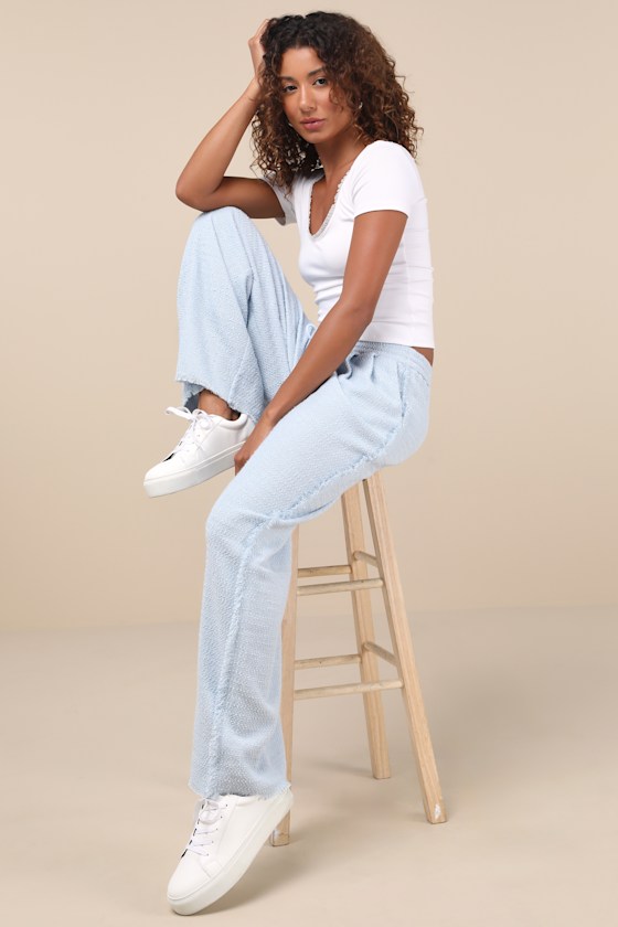 LULUS TRENDSETTING ASPECT LIGHT BLUE TWEED RAW EDGE WIDE-LEG PANTS