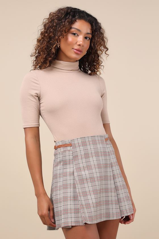Beige Multi Plaid Mini Skirt - Pleated Mini Skirt - Buckle Skirt - Lulus