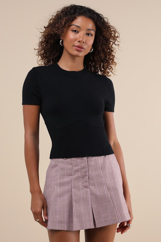 Lulus Everyone's A Winter Black Short Sleeve Seamed Sweater Top In Black