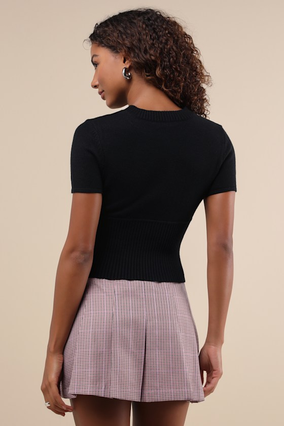 Lulus Everyone's A Winter Black Short Sleeve Seamed Sweater Top In Black