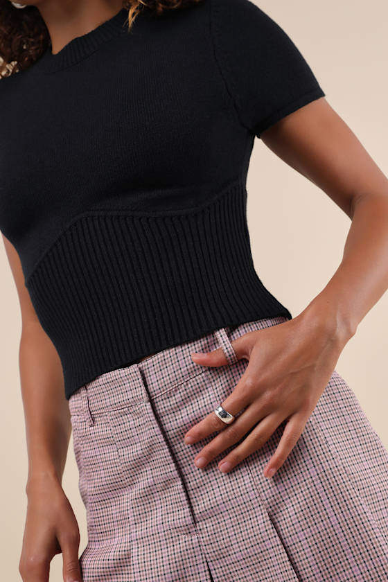 Lulus Everyone's A Winter Black Short Sleeve Seamed Sweater Top In Black