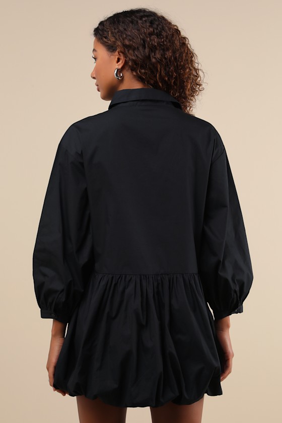 Lulus Sophisticated Delight Black Collared Bubble Hem Mini Dress In Black