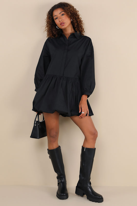 Lulus Sophisticated Delight Black Collared Bubble Hem Mini Dress In Black
