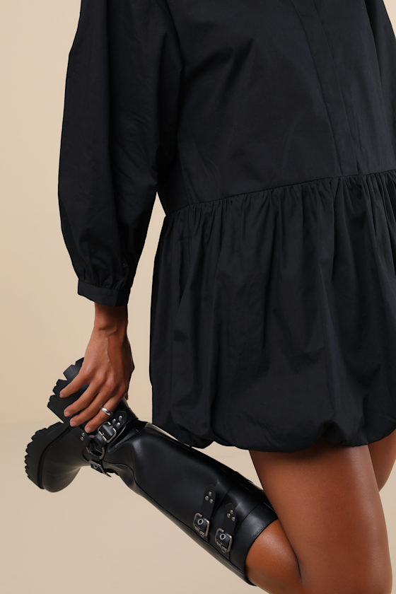Lulus Sophisticated Delight Black Collared Bubble Hem Mini Dress In Black