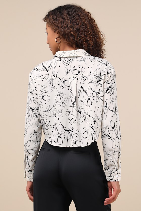 LULUS ARTSY ATTITUDE WHITE FLORAL COLLARED TWIST HEM BUTTON-UP TOP