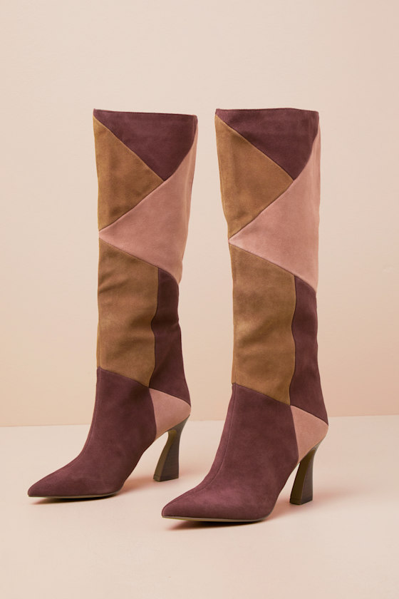 Funnn Split Suede Brown Multi Color Block Knee-High Boots 1