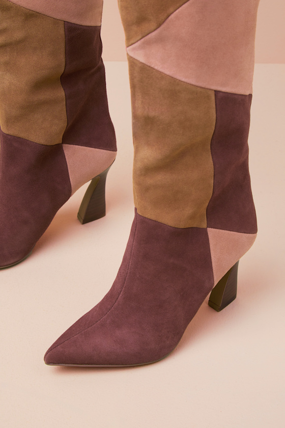 CHINESE LAUNDRY FUNNN SPLIT SUEDE BROWN MULTI COLOR BLOCK KNEE-HIGH BOOTS