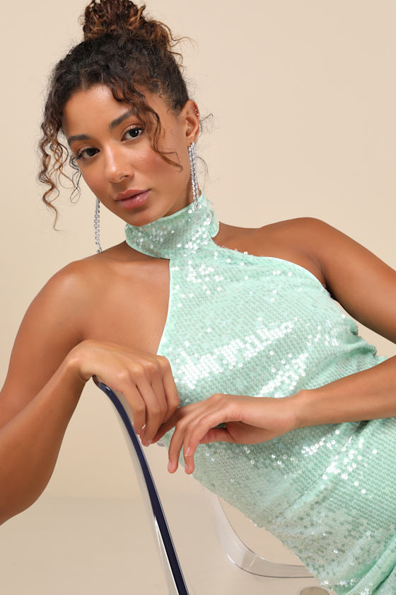 Lulus Sensational Purpose Mint Sequin Halter Tulip Mini Dress In Green