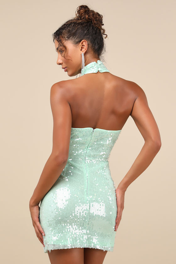 Lulus Sensational Purpose Mint Sequin Halter Tulip Mini Dress In Green