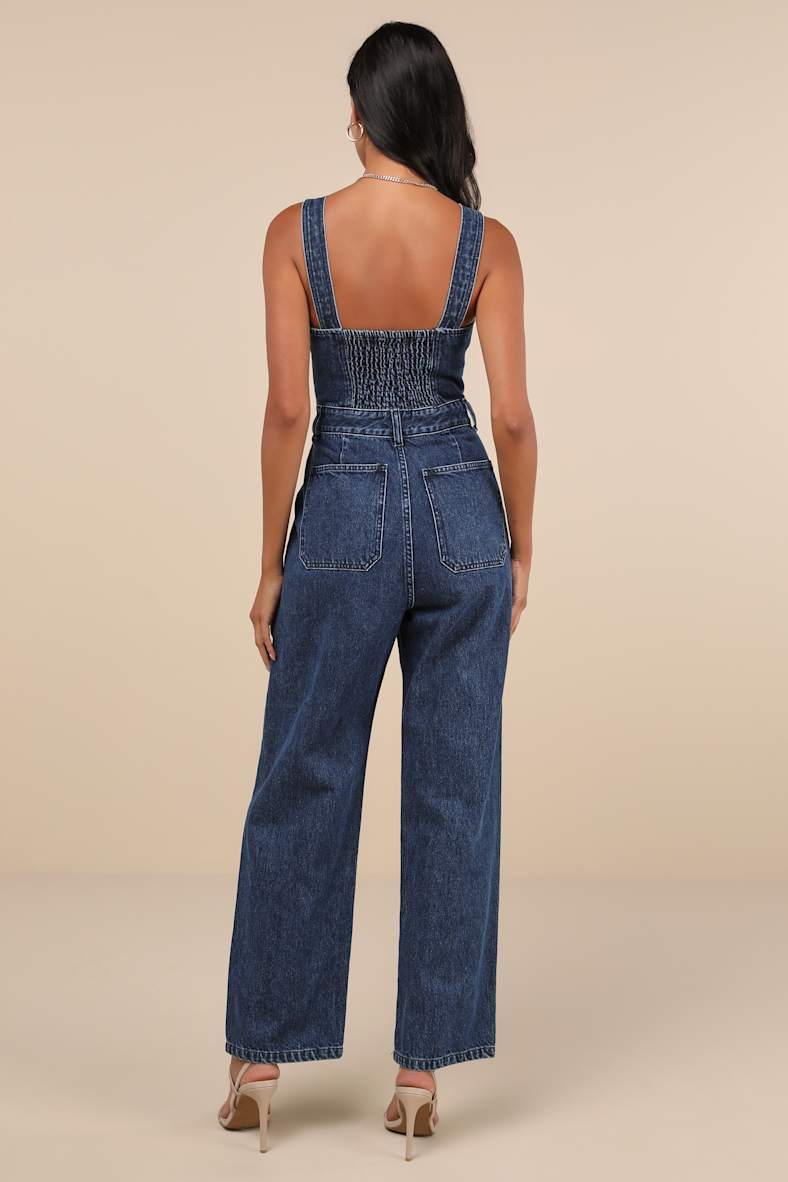 Fresh Perfection Dark Wash Bustier Sleeveless Denim Jumpsuit
