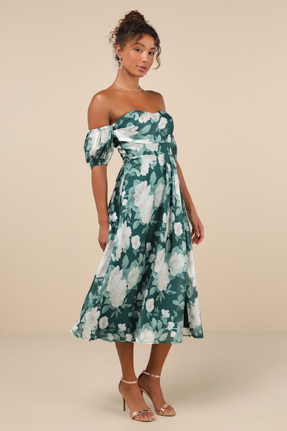 Lulus Composed Delight Green Floral Off-the-shoulder Midi Dress In Green
