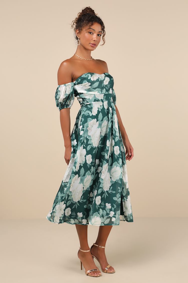 Composed Delight Green Floral Off-the-Shoulder Midi Dress