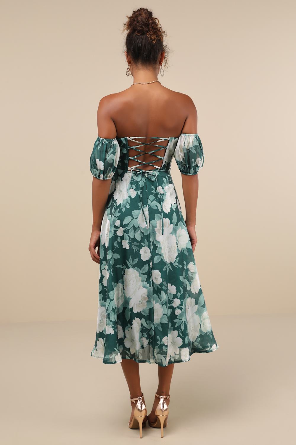 Composed Delight Green Floral Off-the-Shoulder Midi Dress