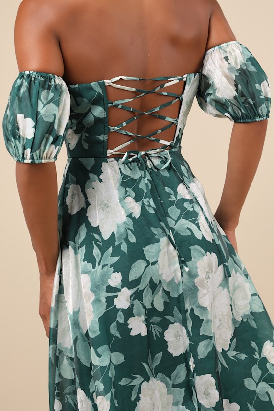Lulus Composed Delight Green Floral Off-the-shoulder Midi Dress In Green