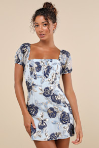Cheerfully Perfect Blue Floral Jacquard Puff Sleeve Mini Dress