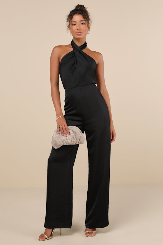 Lulus Beyond Classy Black Satin Halter Wide-leg Jumpsuit In Black
