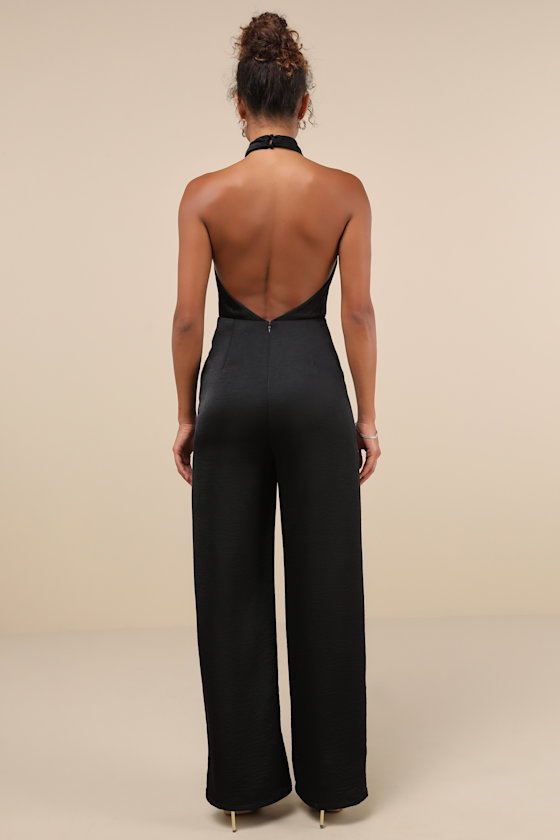 Lulus Beyond Classy Black Satin Halter Wide-leg Jumpsuit In Black
