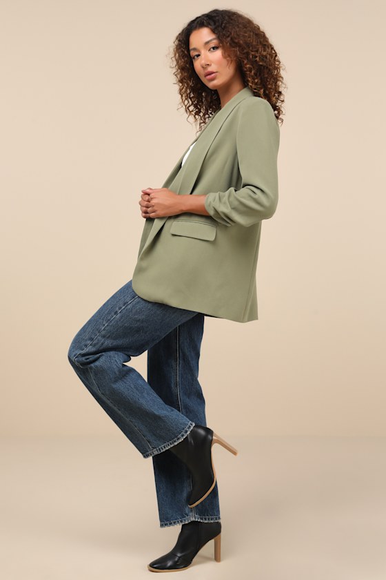 Superior Aesthetic Olive Three-Quarter Sleeve Ruched Blazer 2