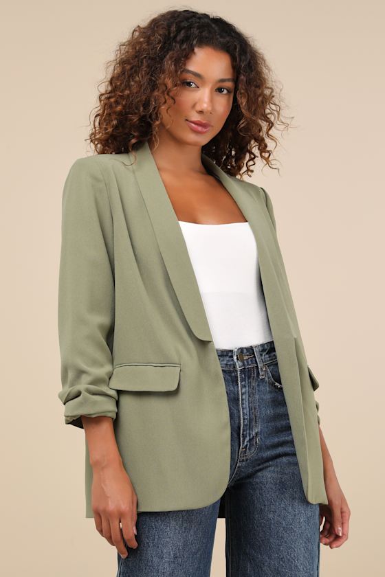 Superior Aesthetic Olive Three-Quarter Sleeve Ruched Blazer 3