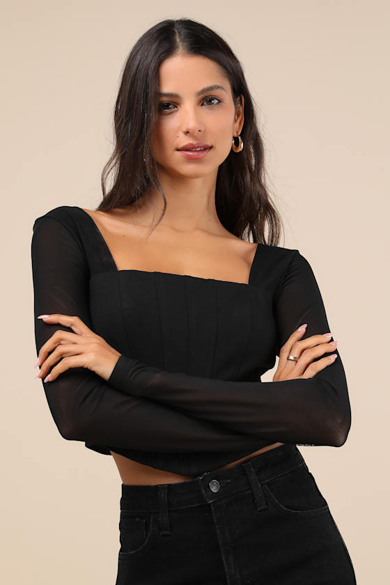 Lulus Captivating Sense Black Mesh Long Sleeve Bustier Crop Top In Black