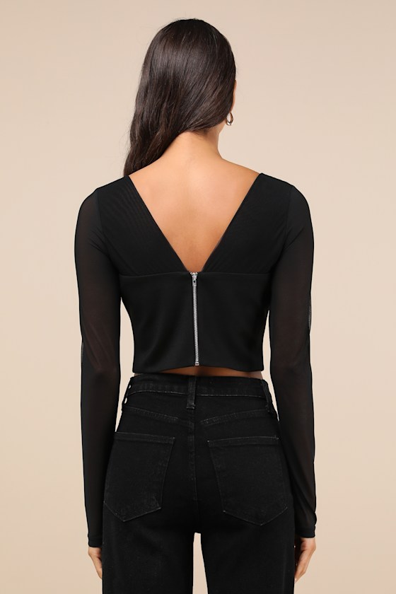 Lulus Captivating Sense Black Mesh Long Sleeve Bustier Crop Top In Black