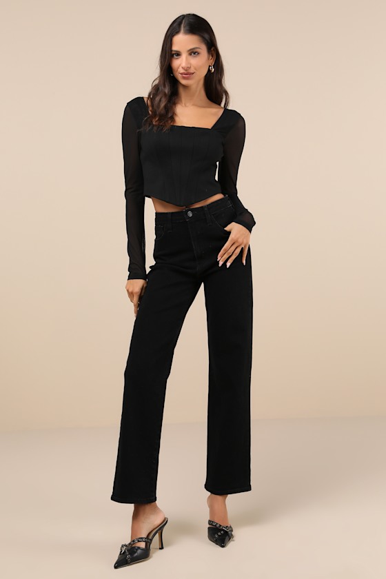 Lulus Captivating Sense Black Mesh Long Sleeve Bustier Crop Top In Black