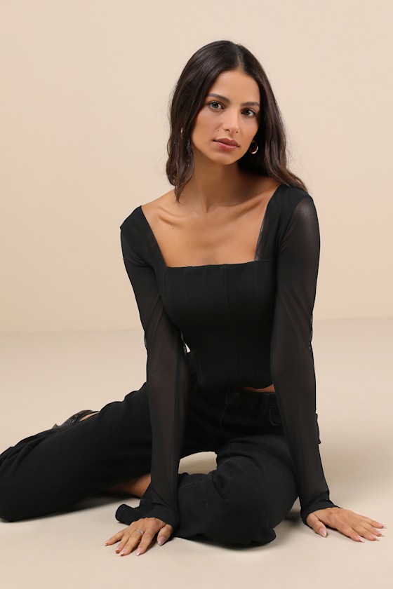 Lulus Captivating Sense Black Mesh Long Sleeve Bustier Crop Top In Black