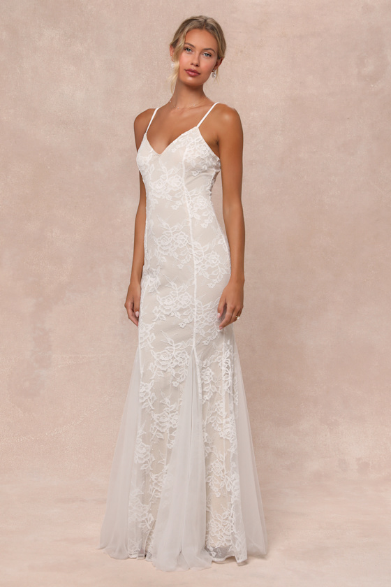 White and Beige Lace Gown - Lace Bridal Gown - Mermaid Maxi