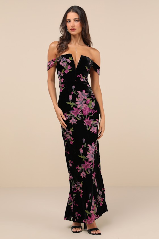 Lulus Enchanting You Black Burnout Velvet Off-the-shoulder Maxi Dress In Black