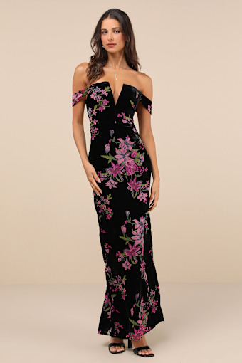 Enchanting You Black Burnout Velvet Off-the-Shoulder Maxi Dress 1