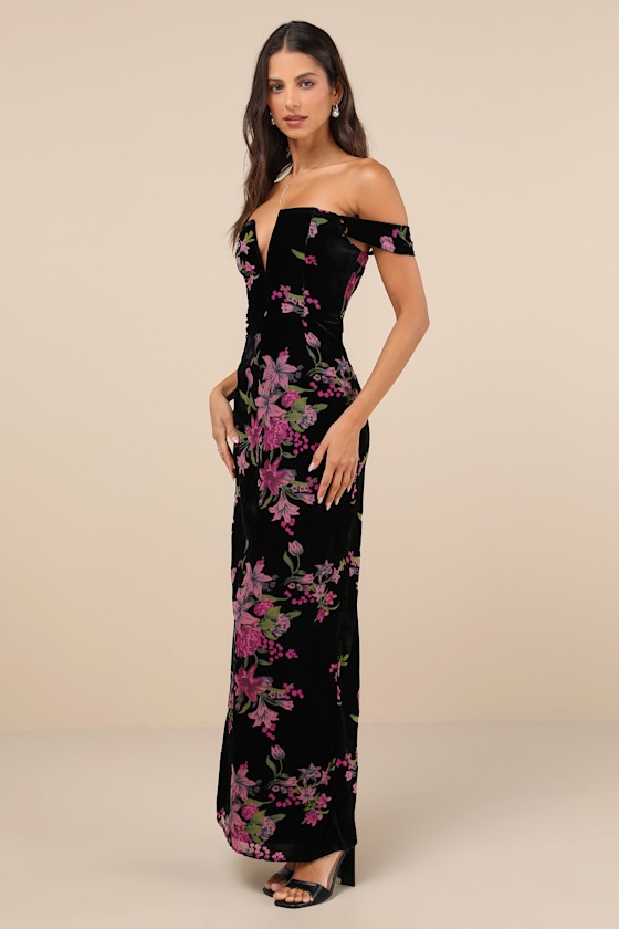 Lulus Enchanting You Black Burnout Velvet Off-the-shoulder Maxi Dress In Black