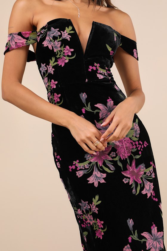 Lulus Enchanting You Black Burnout Velvet Off-the-shoulder Maxi Dress In Black