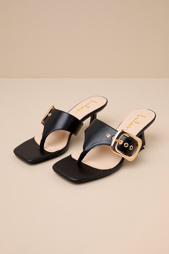 Lulus Meline Black Buckle Thong Slide Sandals In Black