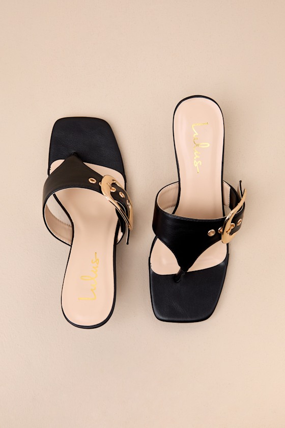 Lulus Meline Black Buckle Thong Slide Sandals In Black