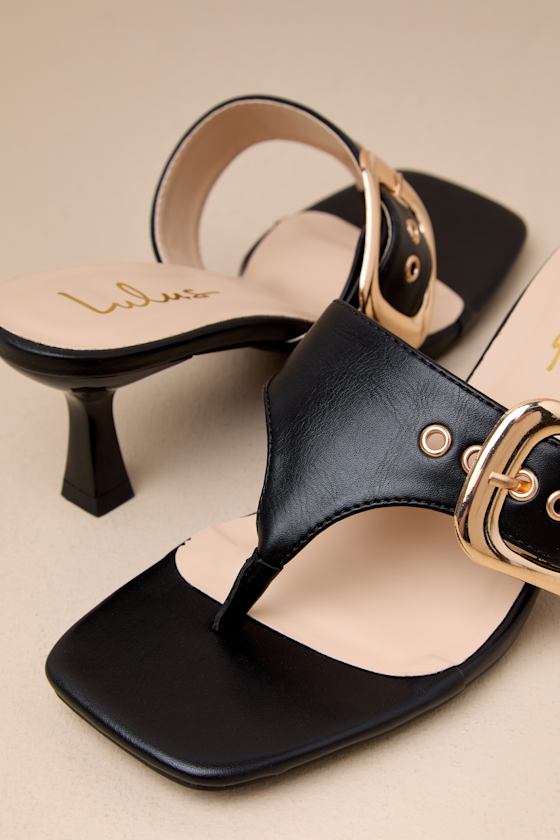 Lulus Meline Black Buckle Thong Slide Sandals In Black