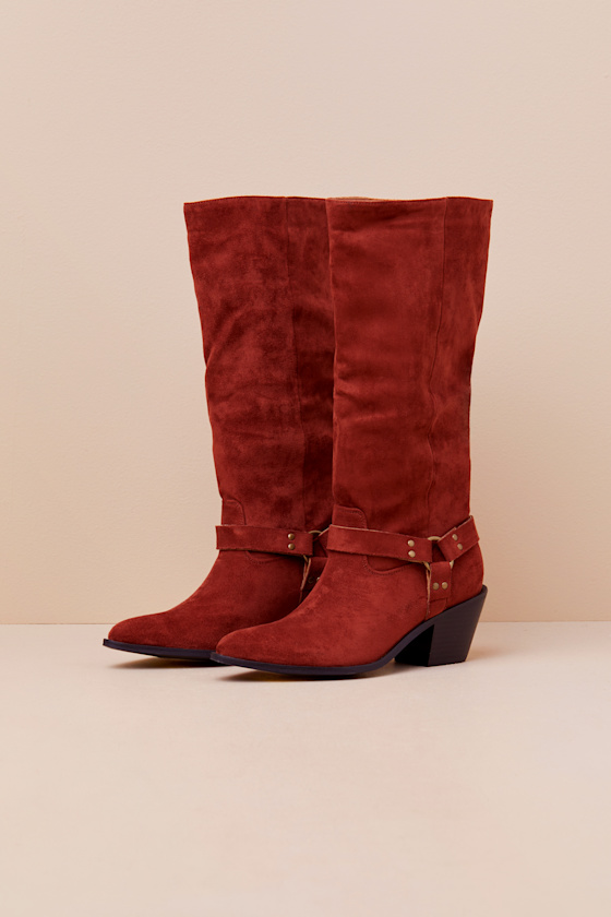 Lulus Assia Rust Suede Slip-on Knee-high Moto Boots In Brown
