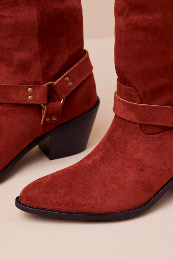 Lulus Assia Rust Suede Slip-on Knee-high Moto Boots In Brown